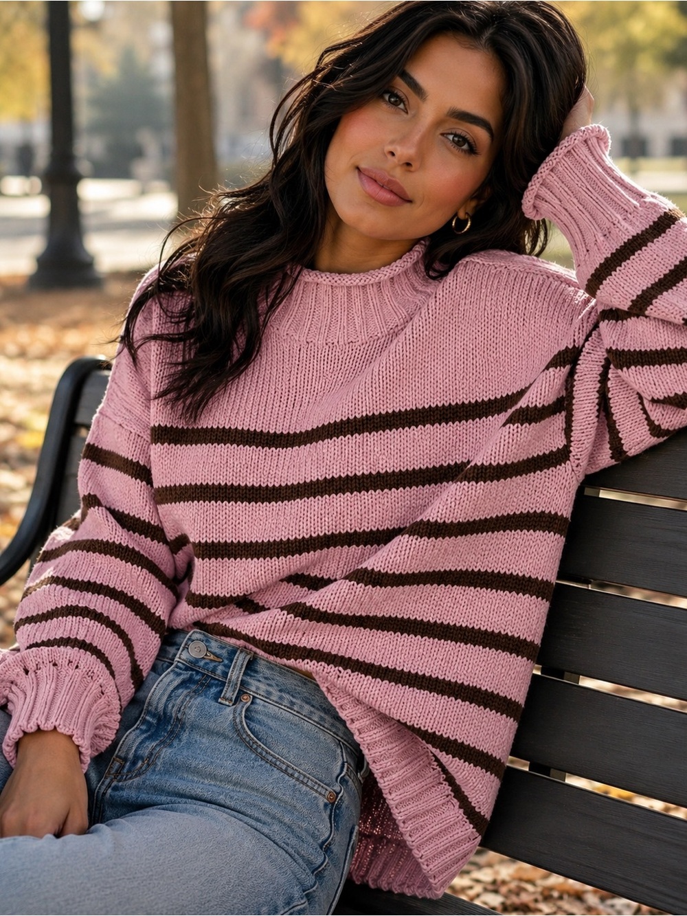 J CREW Pink & Brown Oversized Striped Crewneck Sweater Top XS++